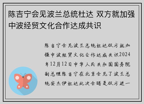 陈吉宁会见波兰总统杜达 双方就加强中波经贸文化合作达成共识