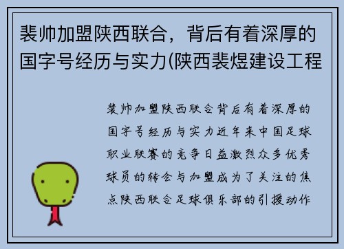 裴帅加盟陕西联合，背后有着深厚的国字号经历与实力(陕西裴煜建设工程有限公司)