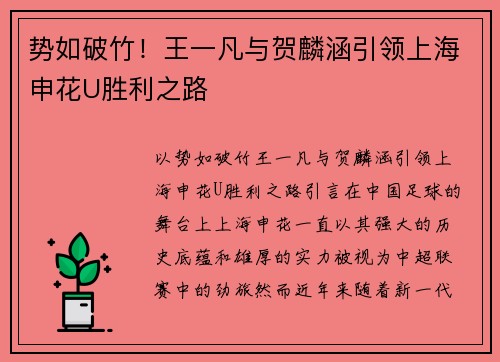 势如破竹！王一凡与贺麟涵引领上海申花U胜利之路