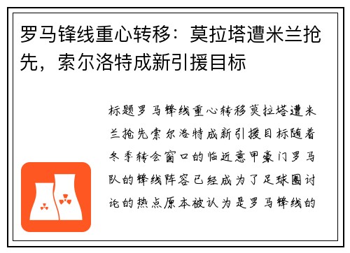 罗马锋线重心转移：莫拉塔遭米兰抢先，索尔洛特成新引援目标