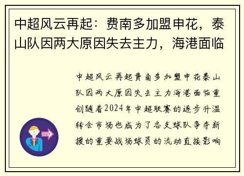 中超风云再起：费南多加盟申花，泰山队因两大原因失去主力，海港面临重创