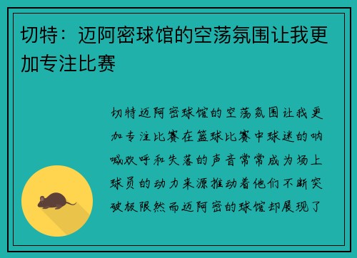 切特：迈阿密球馆的空荡氛围让我更加专注比赛