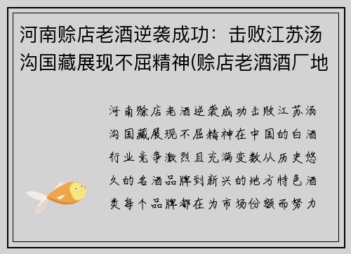 河南赊店老酒逆袭成功：击败江苏汤沟国藏展现不屈精神(赊店老酒酒厂地址)