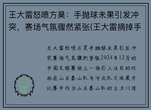 王大雷怒喷方昊：手抛球未果引发冲突，赛场气氛骤然紧张(王大雷摘掉手套扑点球)