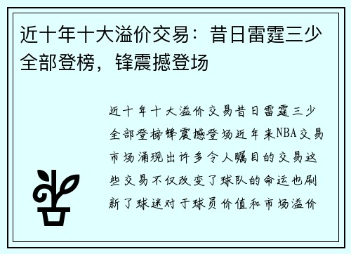 近十年十大溢价交易：昔日雷霆三少全部登榜，锋震撼登场