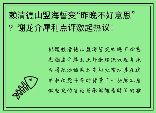 赖清德山盟海誓变“昨晚不好意思”？谢龙介犀利点评激起热议！